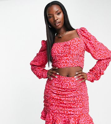 Collective The Label Exclusive ruched ruffle mini skirt in pink and red leopard print - part of a set-Multi