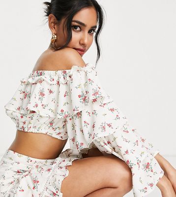 Collective the Label Petite bardot ruffle crop top in ivory floral - part of a set-White
