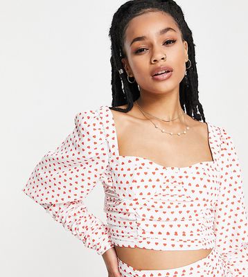Collective the Label Petite exclusive bow back crop top in ditsy heart print - part of a set-White