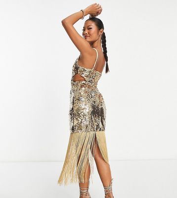 Collective the Label Petite exclusive cut-out sequin fringe dress in gold
