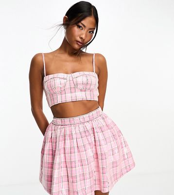 Collective the Label Petite exclusive diamante corset top in pink check sequin - part of a set