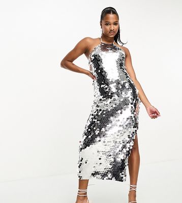 Collective The Label Petite Exclusive disc sequin midi dress in silver
