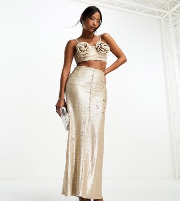 Collective the Label Petite exclusive embellished maxi skirt in champagne - part of a set-Silver