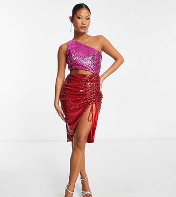 Collective the Label Petite exclusive one shoulder cut-out sequin midi dress in color block-Pink