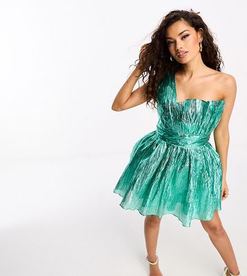 Collective the Label Petite exclusive one shoulder metallic mini dress in emerald-Green