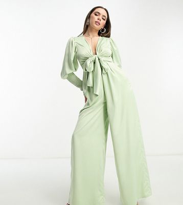 Collective the Label petite exclusive plunge front wide leg jumpsuit in sage-Pink