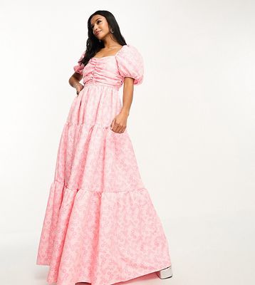 Collective the Label Petite exclusive puff sleeve jacquard maxi dress in pink daisy