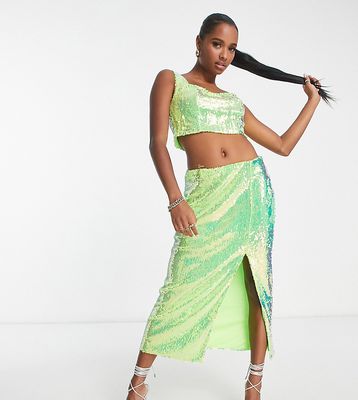 Collective the Label Petite exclusive sequin crop top in iridescent lime - part of a set-Green