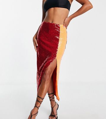 Collective The Label Petite Exclusive sequin midaxi skirt in color block - part of a set-Red