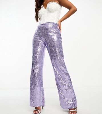 Collective the Label Petite exclusive sequin wide leg pants in pewter-Purple