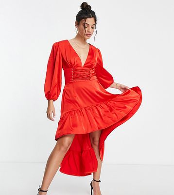 Collective the Label Petite exclusive volume sleeve high low midaxi dress in red