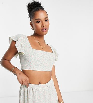 Collective the Label Petite frill shoulder crop top in sage ditsy floral - part of a set-Green