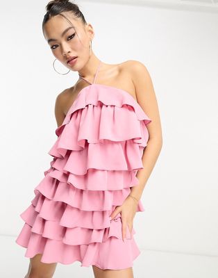 Collective the Label Petite halterneck frill mini dress in pink