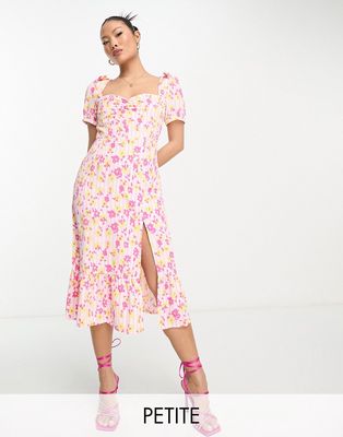 Collective The Label Petite puff sleeve tea midi dress in bright floral-Pink