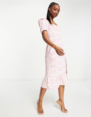 Collective the Label puff sleeve slit midi dress in ditsy floral-Multi
