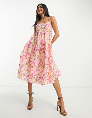 Collective the Label tiered smock dress in textured bright floral-Pink