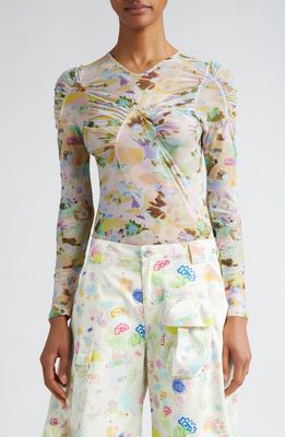 Collina Strada Arc Ruched Long Sleeve Mesh Top in Flower Puzzle