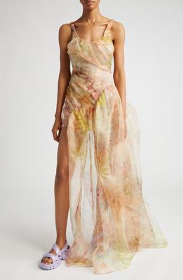 Collina Strada Meadow Ruched Scoop Neck Silk Gown in Light Chrysanthemum