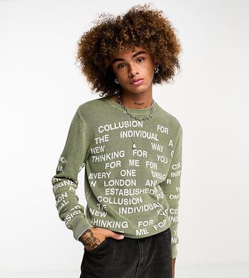 COLLUSION acid wash text sweater in sage green