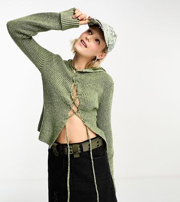 COLLUSION asymmetric tie up sweater in green heather