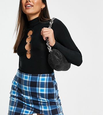 COLLUSION brushed check curved hem mini skirt in blue-Multi