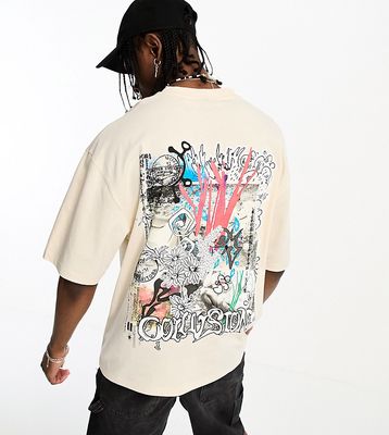 COLLUSION collage back graphic T-shirt in stone-Neutral