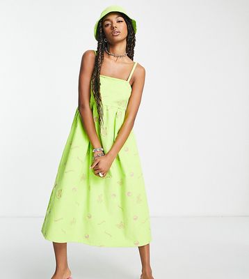COLLUSION cord cami trapeze midi dress with embroidery in green - part of a set