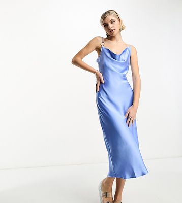 COLLUSION cowl neck metal ring detail slip maxi dress in blue