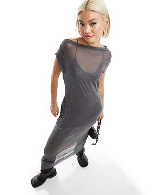 COLLUSION crinkle mesh cap sleeve maxi dress in gray