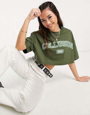 COLLUSION cropped varsity boxy t-shirt in khaki-Green