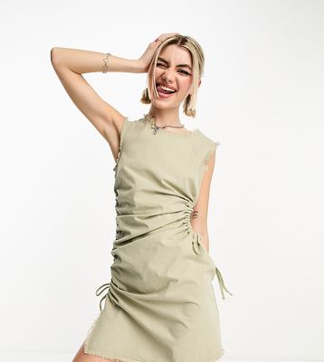 COLLUSION cut out ruched shift dress in washed green