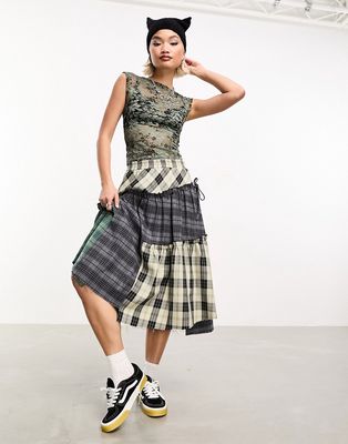 COLLUSION deconstructed gathered panel mixed check midi skirt-Multi