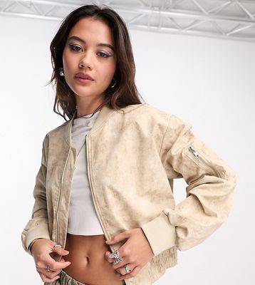 COLLUSION distressed printed bomber jacket in neutral