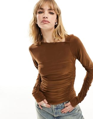 COLLUSION extreme ruched long sleeve slinky top in brown