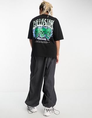 COLLUSION flaming skull logo print t-shirt in black