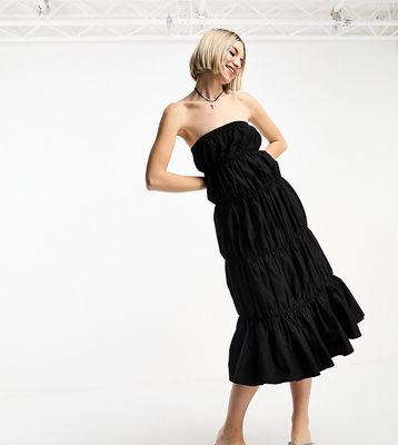 COLLUSION gathered tiered midi dress in black