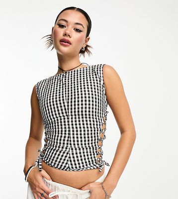 COLLUSION gingham slash neck top with tie detail in multi