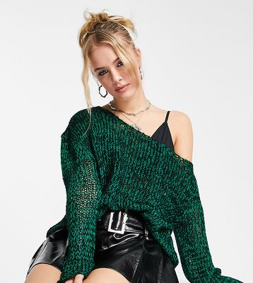 COLLUSION knit off-the-shoulder sweater in green and black multi yarn