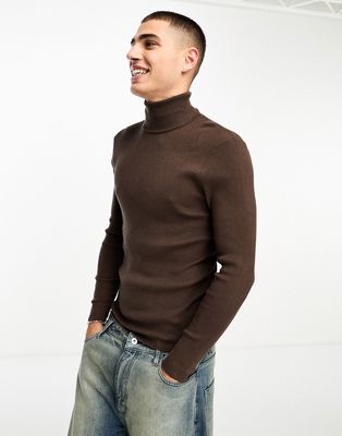 COLLUSION knit turtle neck sweater in chocolate brown-Multi