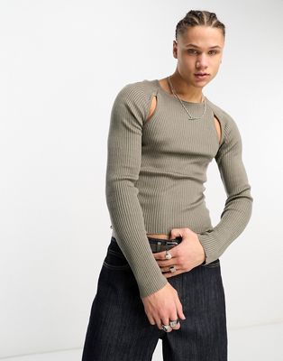 COLLUSION knitted rib cut out long sleeve top in gray