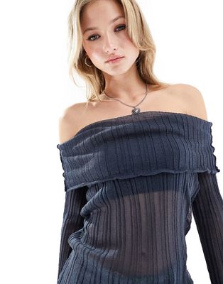 COLLUSION knitted sheer multi-way pleated sweater with hood in petrol blue