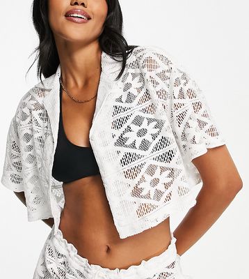 COLLUSION lace cropped beach shirt in optic white - part of a set-Blue