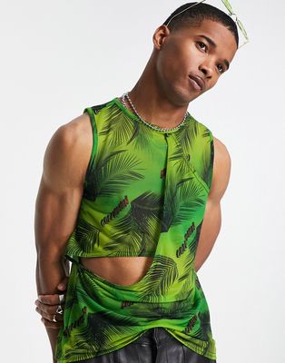 COLLUSION leaf print cut out mesh tank in green