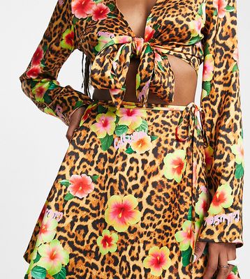 COLLUSION leopard print satin wrap around mini skirt - part of a set-Multi