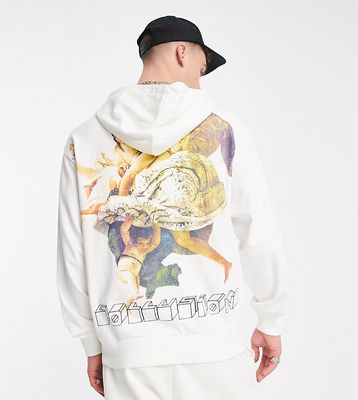 COLLUSION lightweight Renaissance back print hoodie in ecru-White