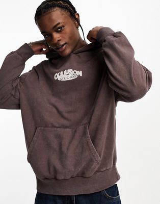COLLUSION logo hoodie in washed brown-Green