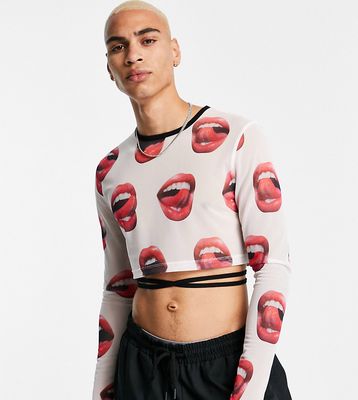 COLLUSION long sleeve cropped mesh t-shirt in lip print with tie detail - part of a set-White
