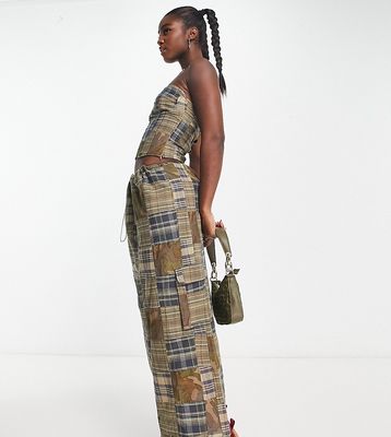 COLLUSION maxi utility cargo skirt in cargo skirt in camo & check patchwork - part of a set-Green
