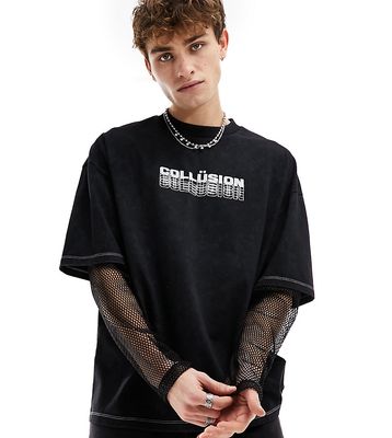 COLLUSION Mock mesh sleeve skater top with logo print-Black