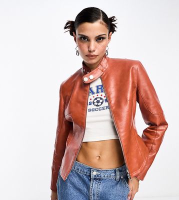 COLLUSION motocross faux leather cropped biker jacket in burnt orange
